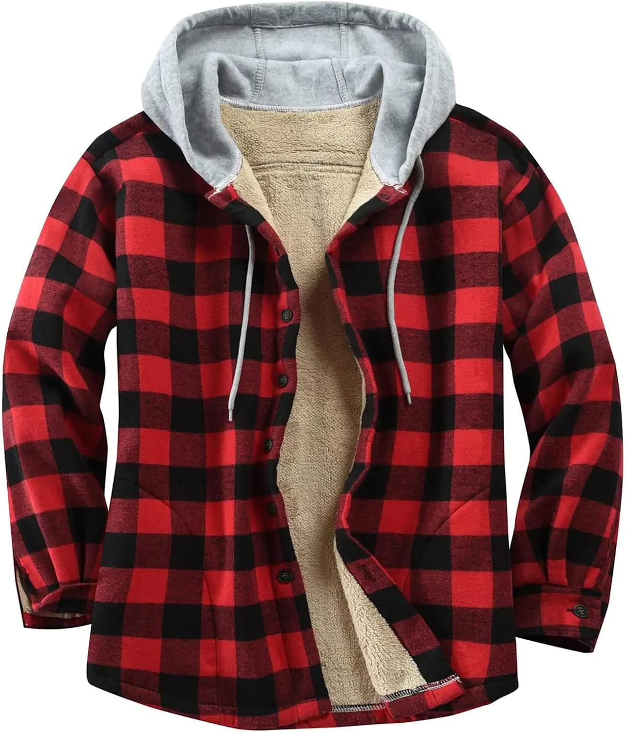 Flannel Shirt Jacket Men Fleece Hoodie Sherpa Lined Plaid Button down Fall Winter Jackets with Hood