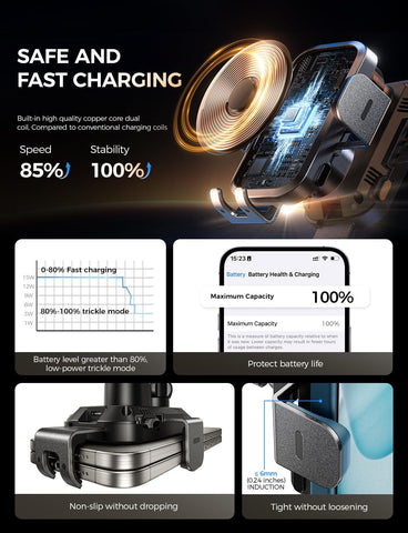 Wireless Car Charger with Phone Holder Mount, 15W Fast Charging Auto Clamping Phone Holders for You Car Windshield Dashboard Air Vent Accessories for Iphone, Samsung Galaxy, Google, Etc