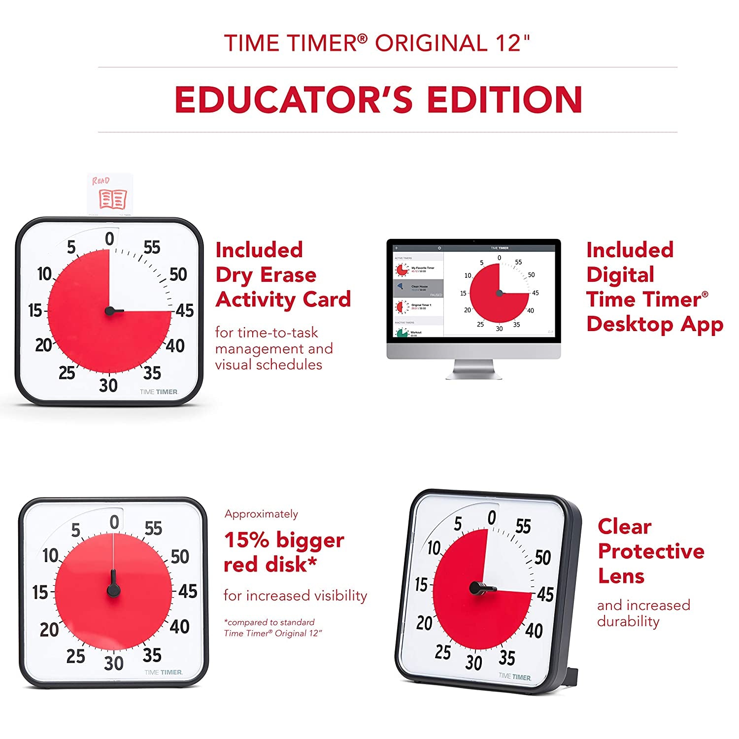 12 Inch Visual Timer 60 Minute Kids Desk Countdown Clock with Dry Erase Activity Card, Also Magnetic for Classroom, Homeschooling Study Tool, Task Reminder, Home and Kitchen Timer