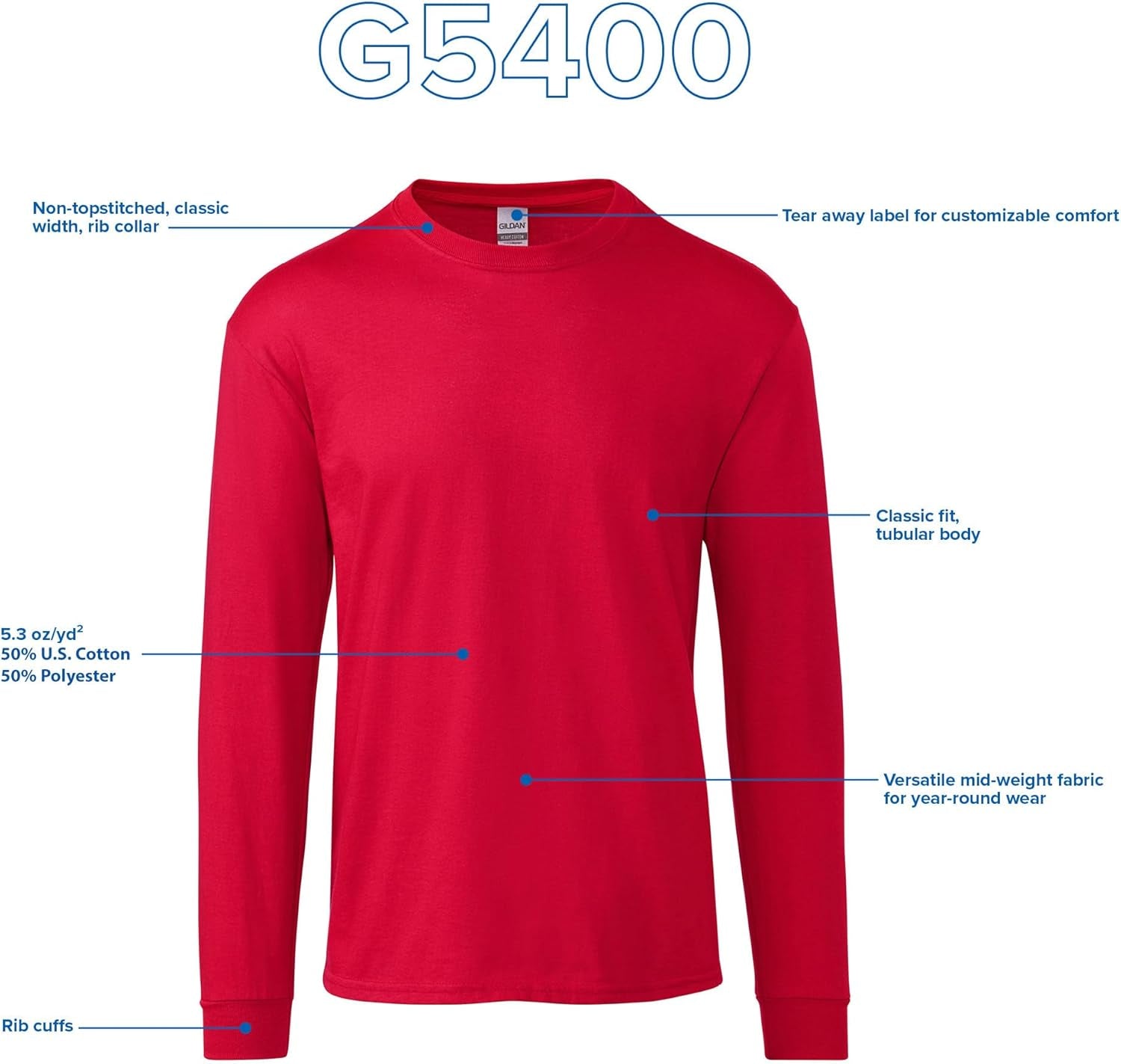 Adult Heavy Cotton Long Sleeve T-Shirt, Style G5400, 2-Pack