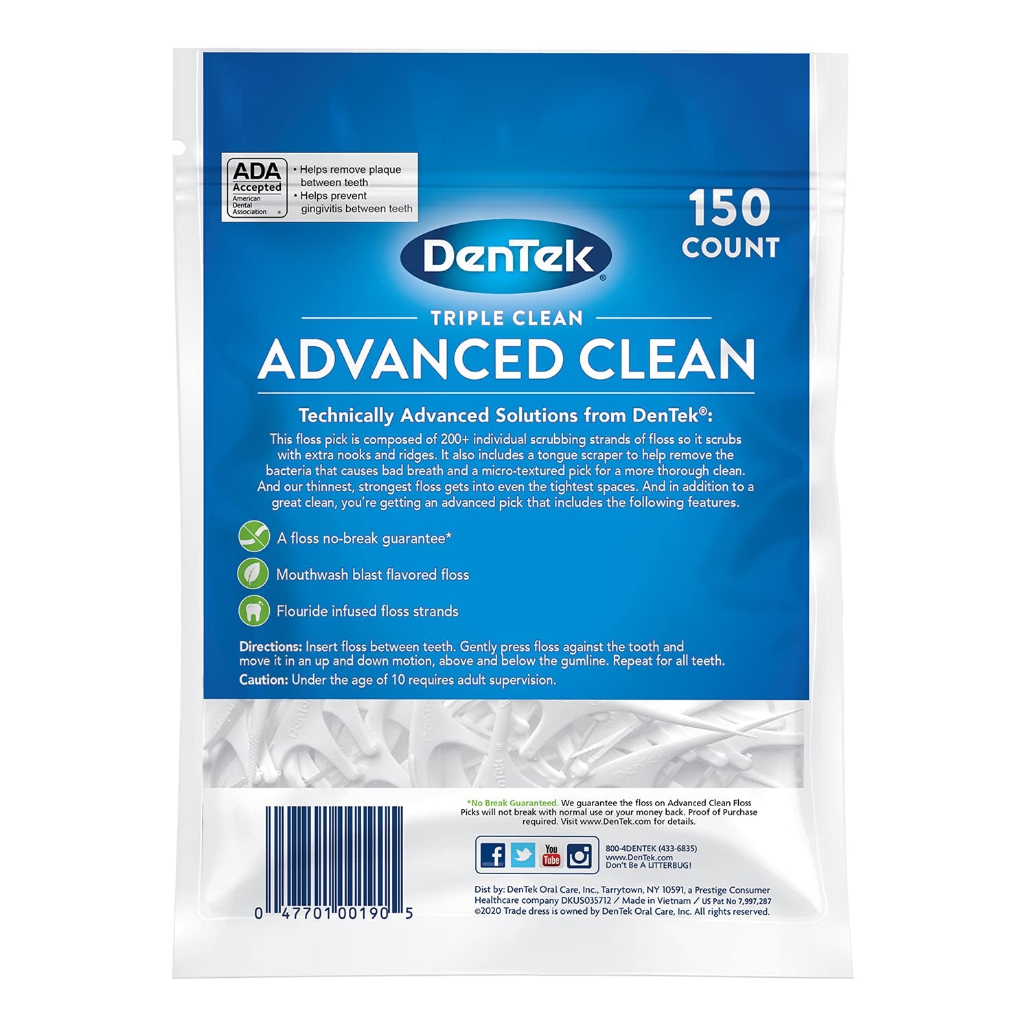 Triple Clean Advanced Clean Floss Picks, No Break & No Shred Floss, 150 Count, (Packaging May Vary)