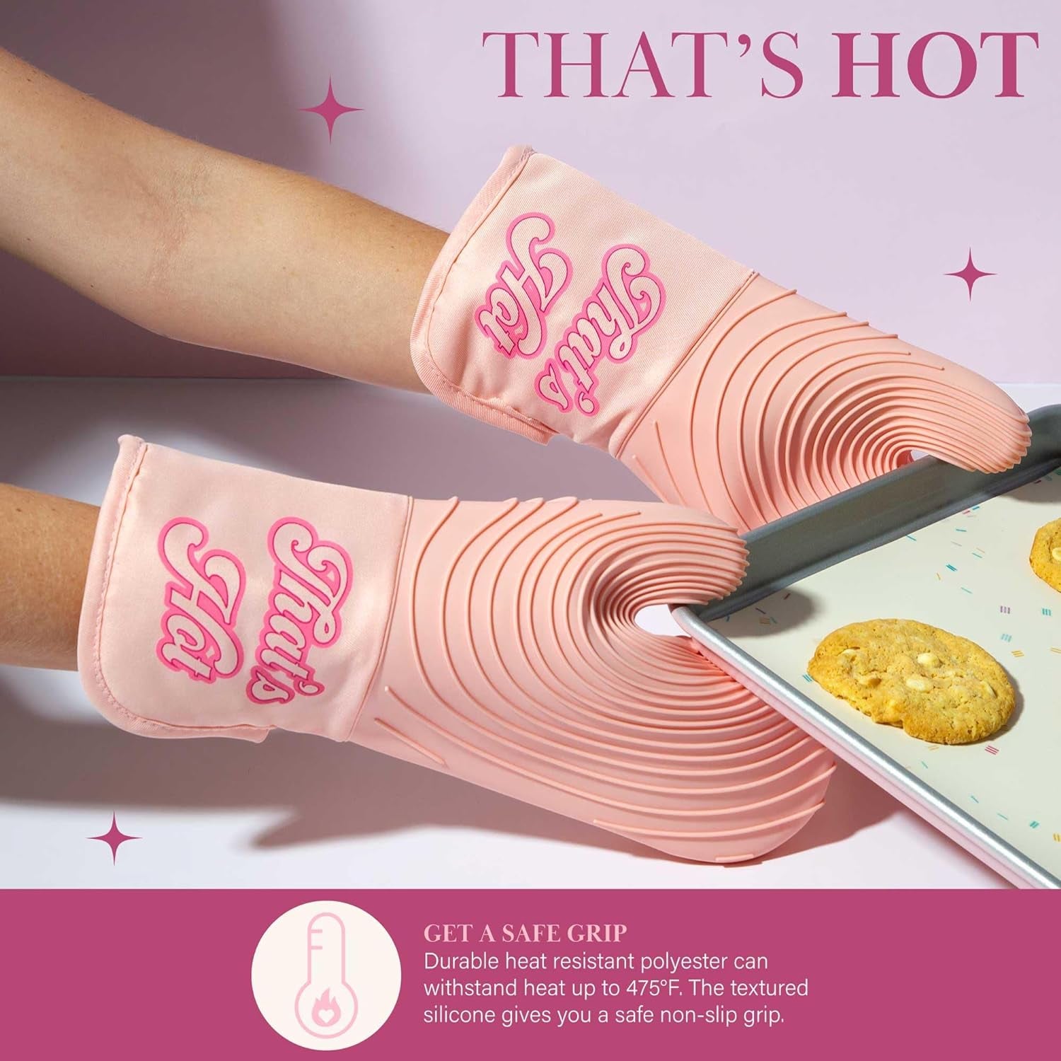 THAT'S HOT Pink Oven Mitt Set, Heat Resistant Pot Holders Featuring Non-Slip Textured Silicone Grips, 2-Piece Set, Pink