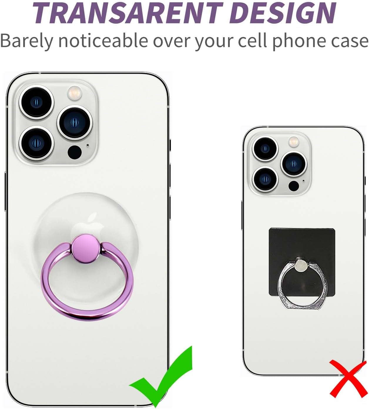 Purple  Clear Phone Ring Holder 2 Pack, Transparent Cell Phone Ring Grip 360°Rotation Finger Ring Stand, Phone Kickstand Compatible with Most of Phones, Tablet and Case