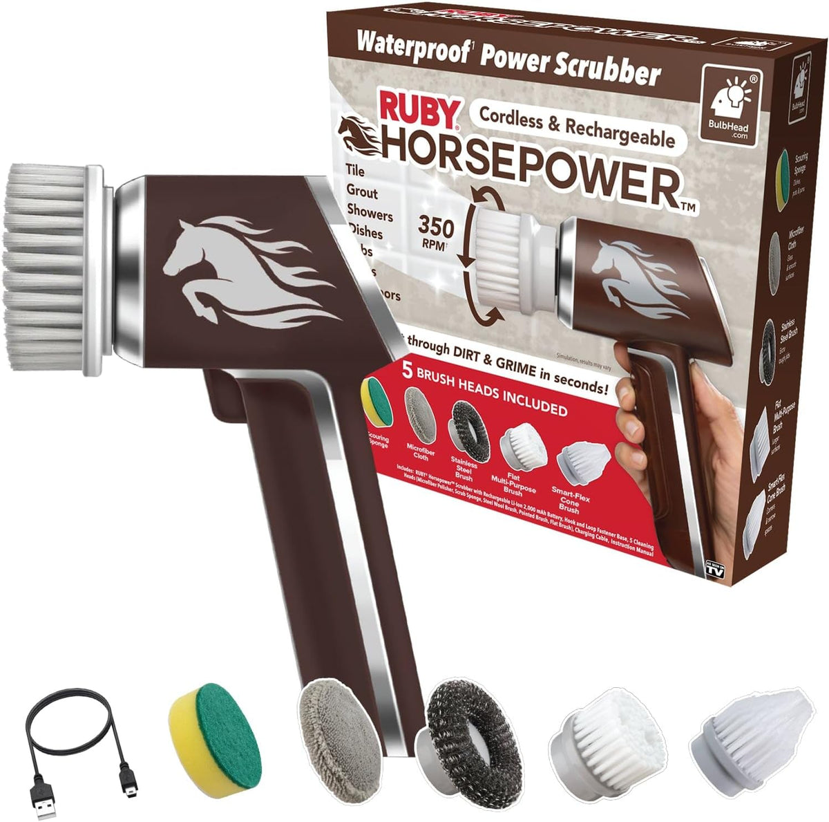 Horsepower Electric Power Scrubber, Waterproof, Spins 350 RPM, 5 Brush Heads, AS-SEEN-ON-TV, Cleans Dirt & Grime, Tile, Grout, Bathrooms, Kitchen, Auto Rims, Outdoor Furniture & More, Rechargeable