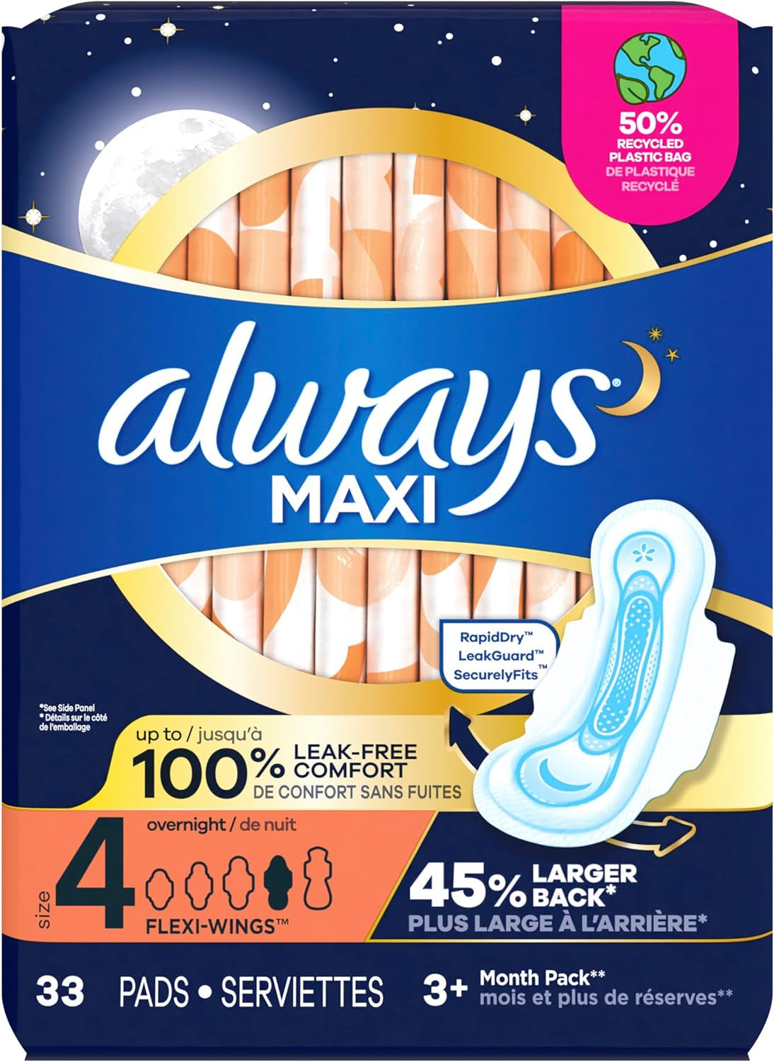 Maxi Overnight Pads with Wings, Size 4, Overnight, Unscented, 33 CT