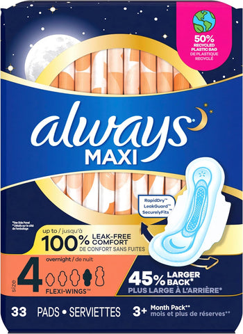 Maxi Overnight Pads with Wings, Size 4, Overnight, Unscented, 33 CT