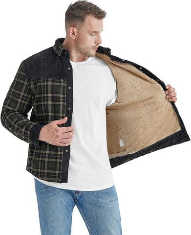 Men'S Outdoor Casual Fleece Sherpa Lined Flannel Plaid Button down Shirt Jacket