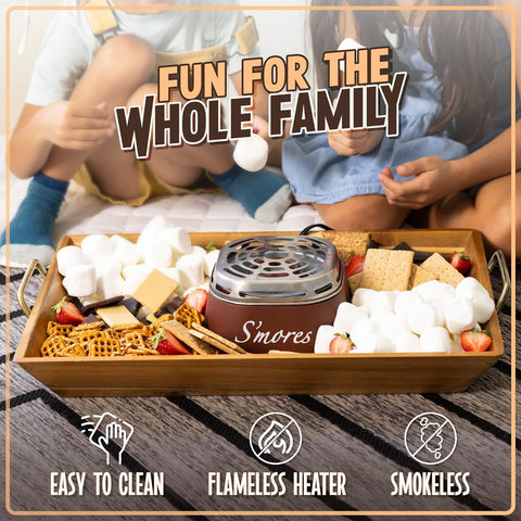 Tabletop Indoor Electric S'Mores Maker - Smores Kit with Marshmallow Roasting Sticks and 4 Trays for Graham Crackers, Chocolate, and Marshmallows - Movie Night Supplies - Brown