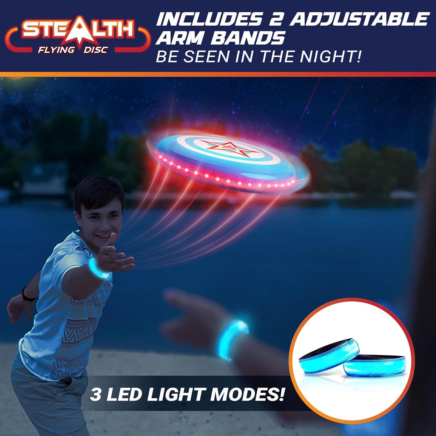 Stealth LED Flying Disc- Light up Disc for Adults and Kids, 49 Leds Glow in the Dark Disk, 2 LED Arm Bands, Sport Golf Ultimate Disc Outdoor Game Set, Waterproof Glow Hover Discs (Red/Blue)