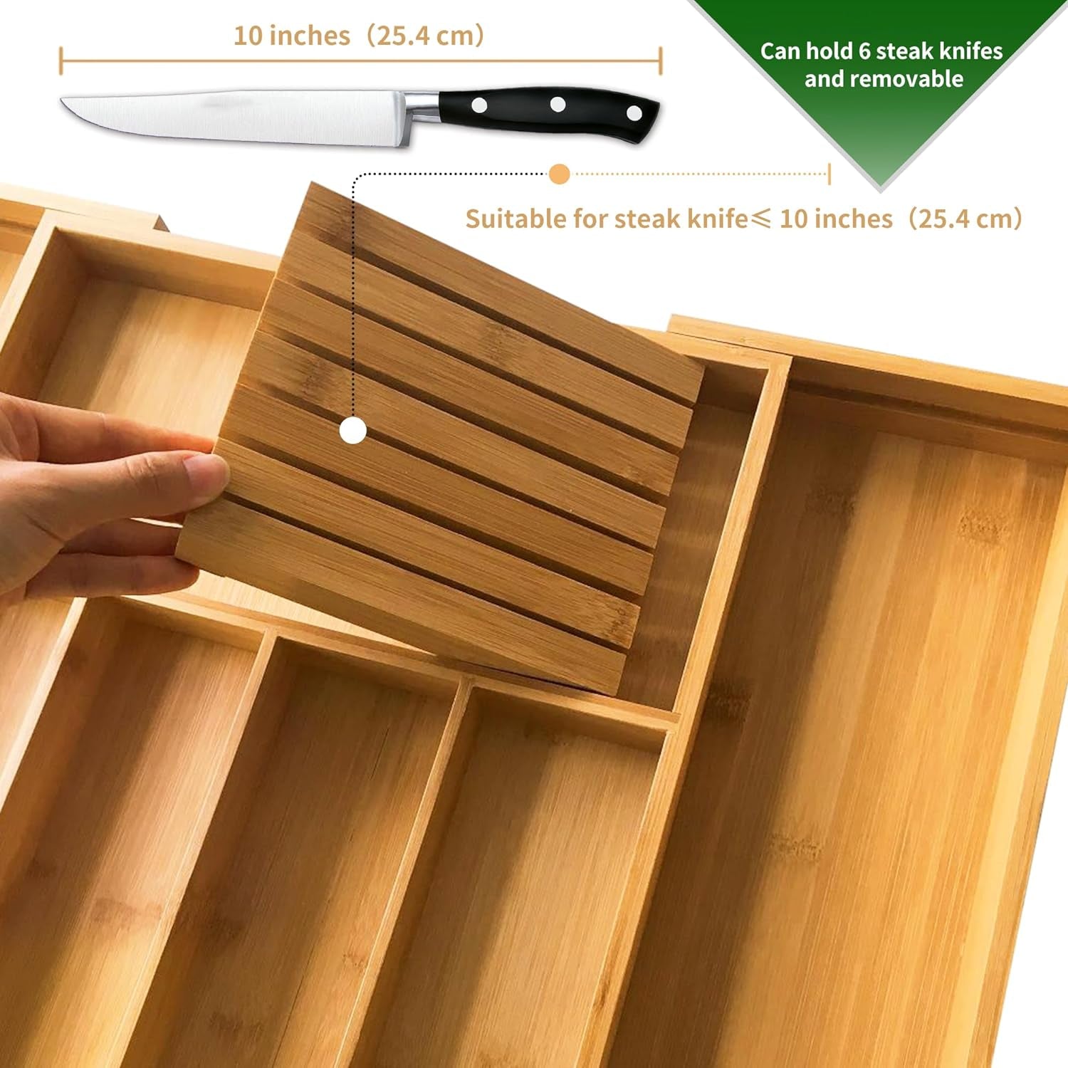 Bamboo Silverware Drawer Organizer Kitchen, Expandable Utensil Organizer with Knife Block, Cutlery Tray with Divider, Multifunctional Wooden Drawer Organizer