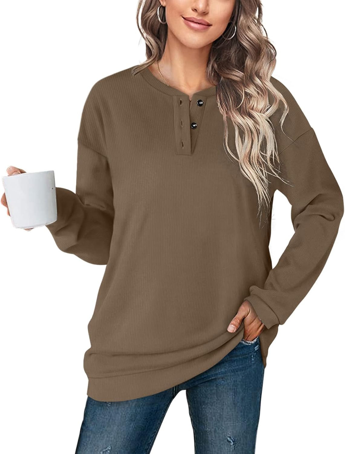 Womens Casual Sweatshirts Henley Button up Long Sleeve Tunic Tops