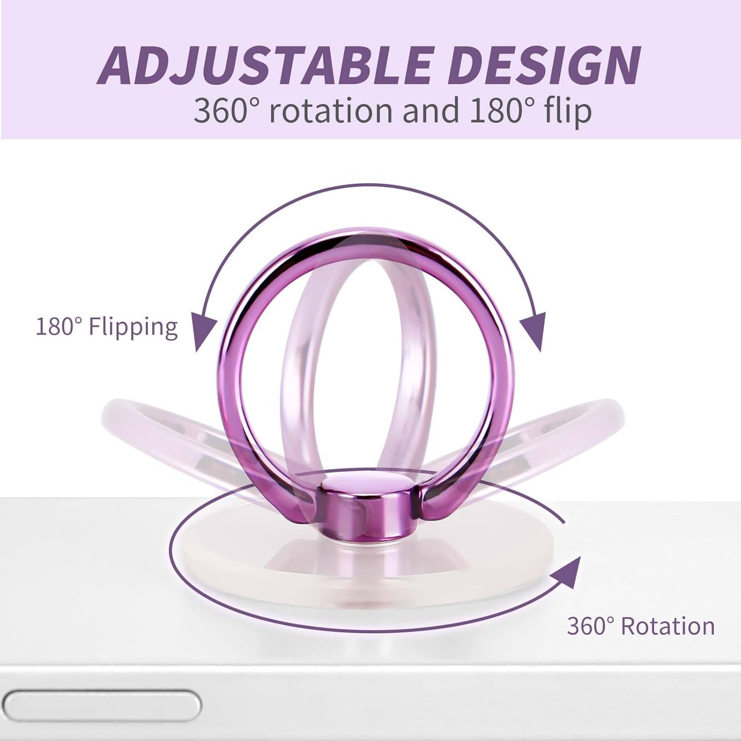 Purple  Clear Phone Ring Holder 2 Pack, Transparent Cell Phone Ring Grip 360°Rotation Finger Ring Stand, Phone Kickstand Compatible with Most of Phones, Tablet and Case