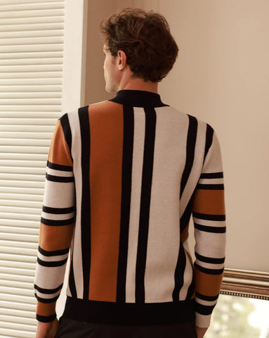 Mens Vintage Stripes Pullover Stand Collar Mockneck Jumper Sweater