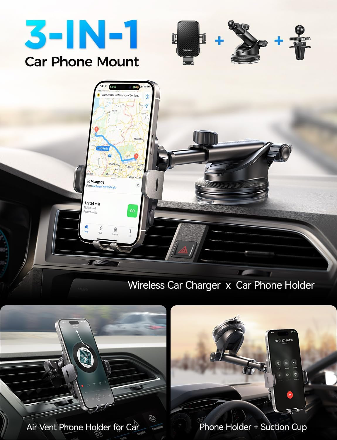 Wireless Car Charger with Phone Holder Mount, 15W Fast Charging Auto Clamping Phone Holders for You Car Windshield Dashboard Air Vent Accessories for Iphone, Samsung Galaxy, Google, Etc