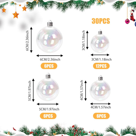 30PCS Clear Ornament Balls 6/5/4/3Cm Clear Plastic Baubles Fillable Bauble to Fill Transparent Empty Ball Christmas Ornament Hanging Ball for Xmas Wedding Party DIY Crafts Decorations