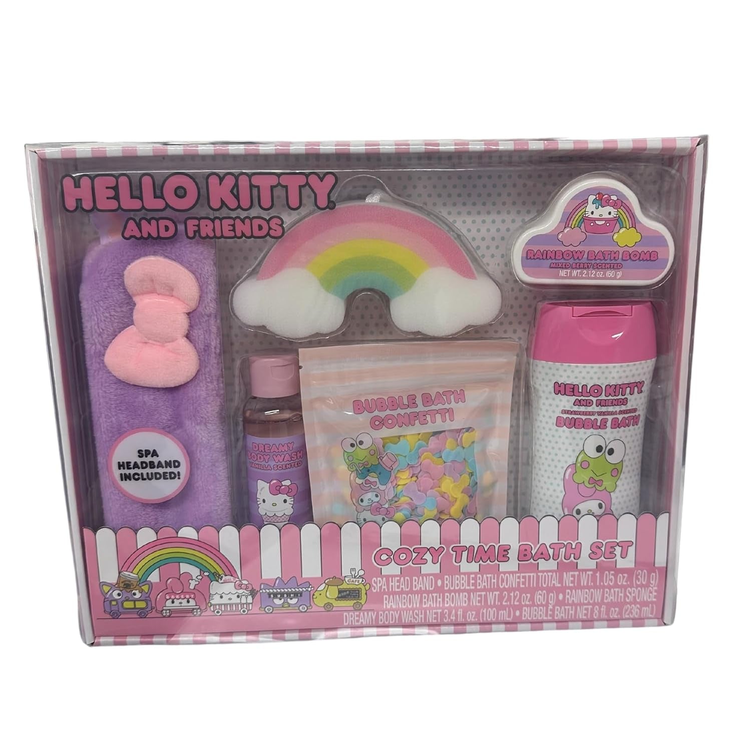 Hello Kitty and Friends Cozy Time Bath Set, Includes Spa Head Band, Bubble Bath Confetti (30G), Rainbow Bath Bomb, Rainbow Bath Sponge, Dreamy Body Wash (100Ml), & Bubble Bath (236Ml)