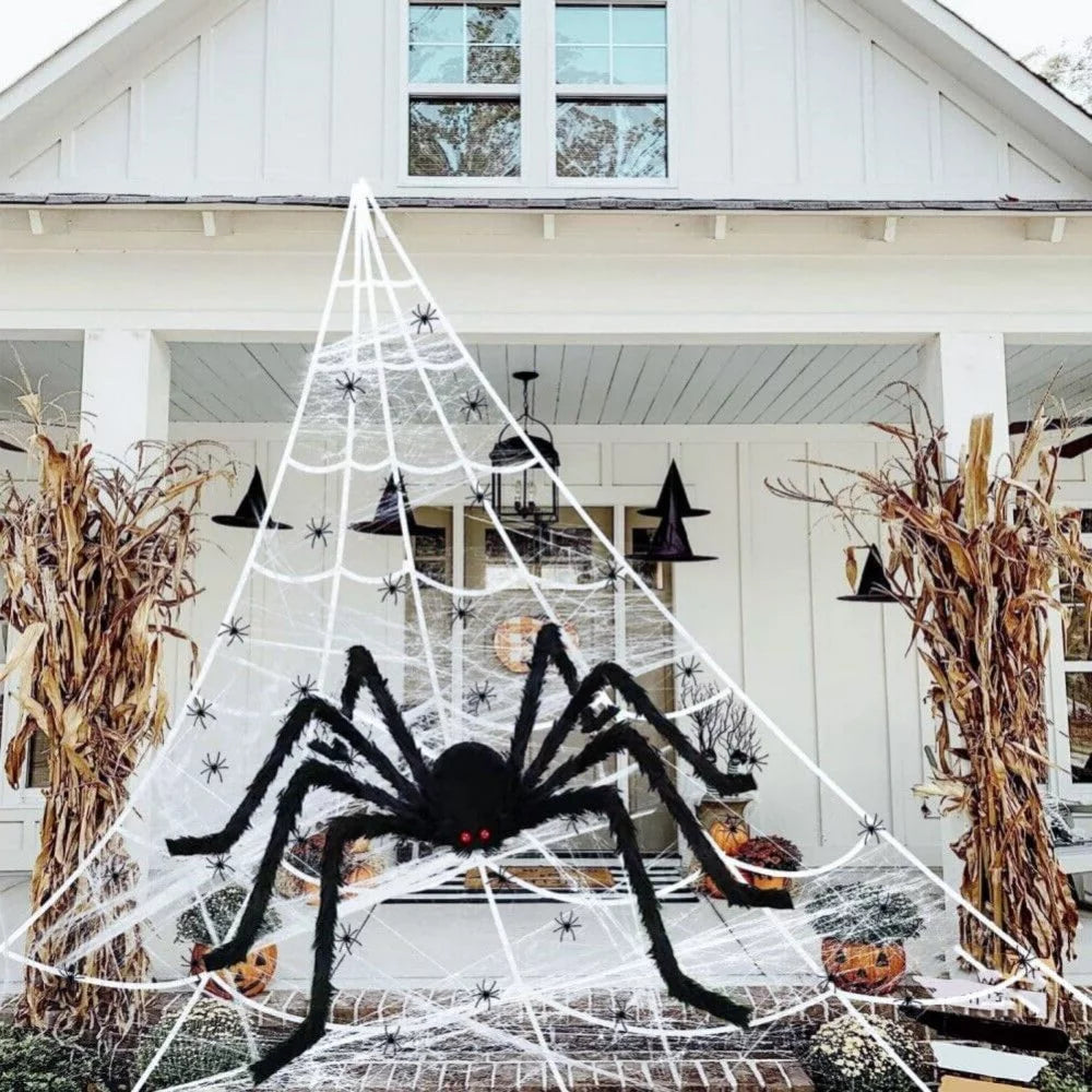 Halloween Spider Decorations Set 5Ft Giant Spider 16.4Ft Spider Webs 20 Small Spiders Cotton Wool Yard Home Party Haunted Decor