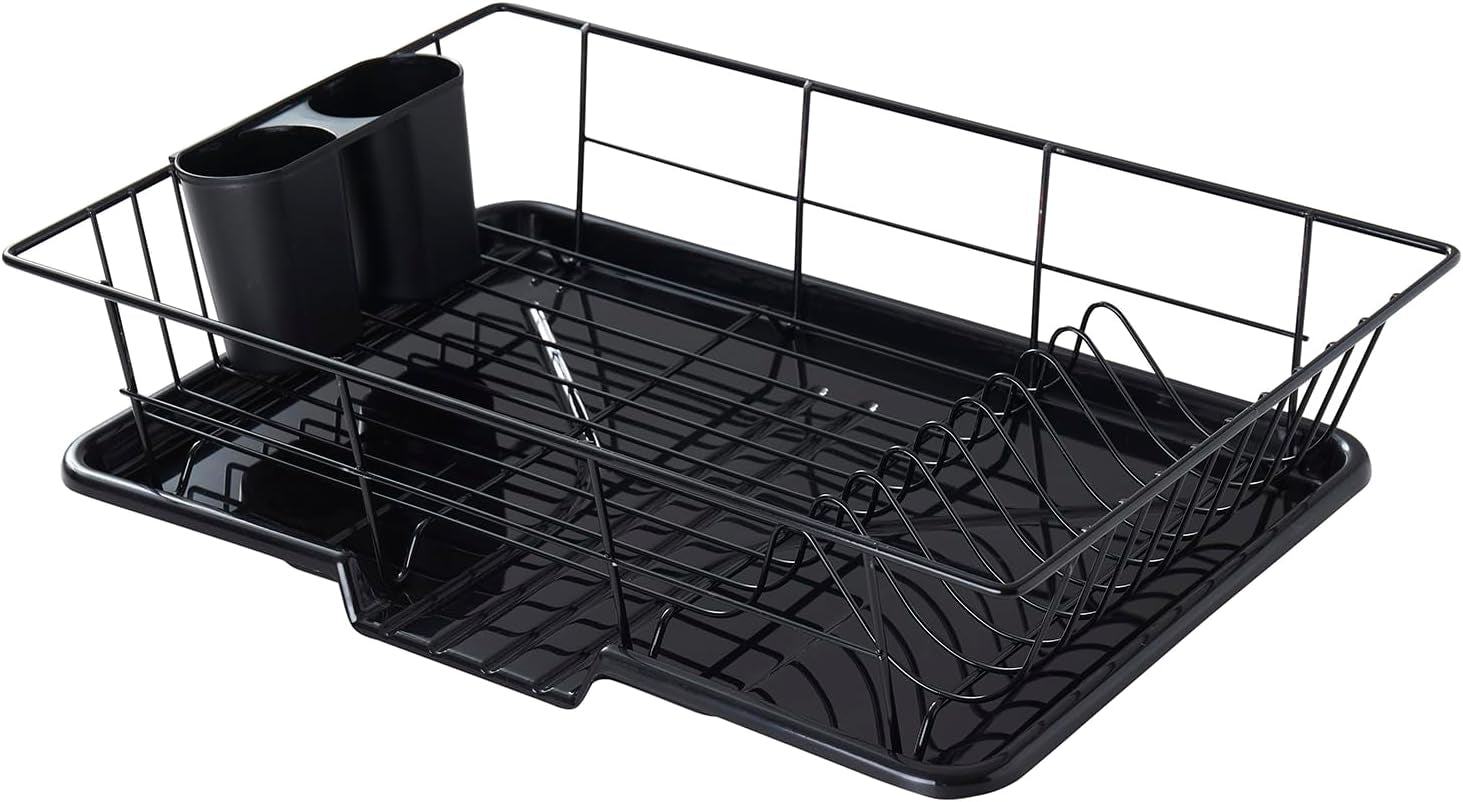 Space-Saving 3-Piece Dish Drainer Rack Set with Cutlery Holder - Maximize Countertop Space, Black