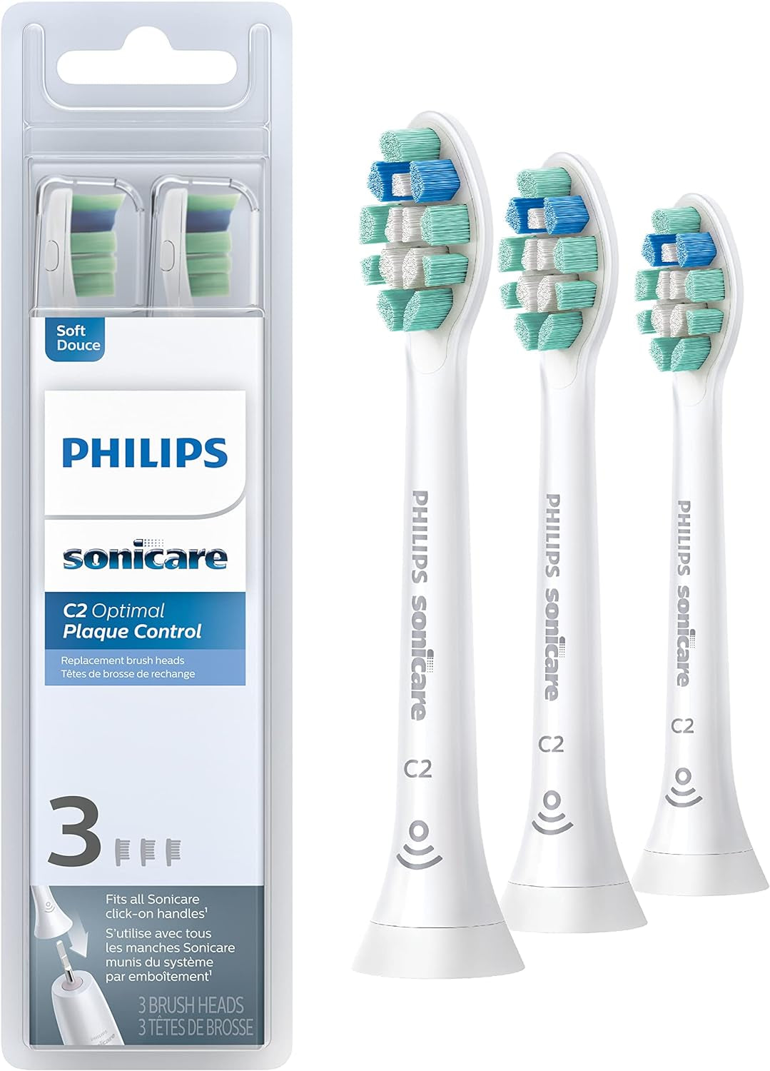 Genuine C2 Optimal Plaque Control Toothbrush Heads, 3 Brush Heads, White, HX9023/65