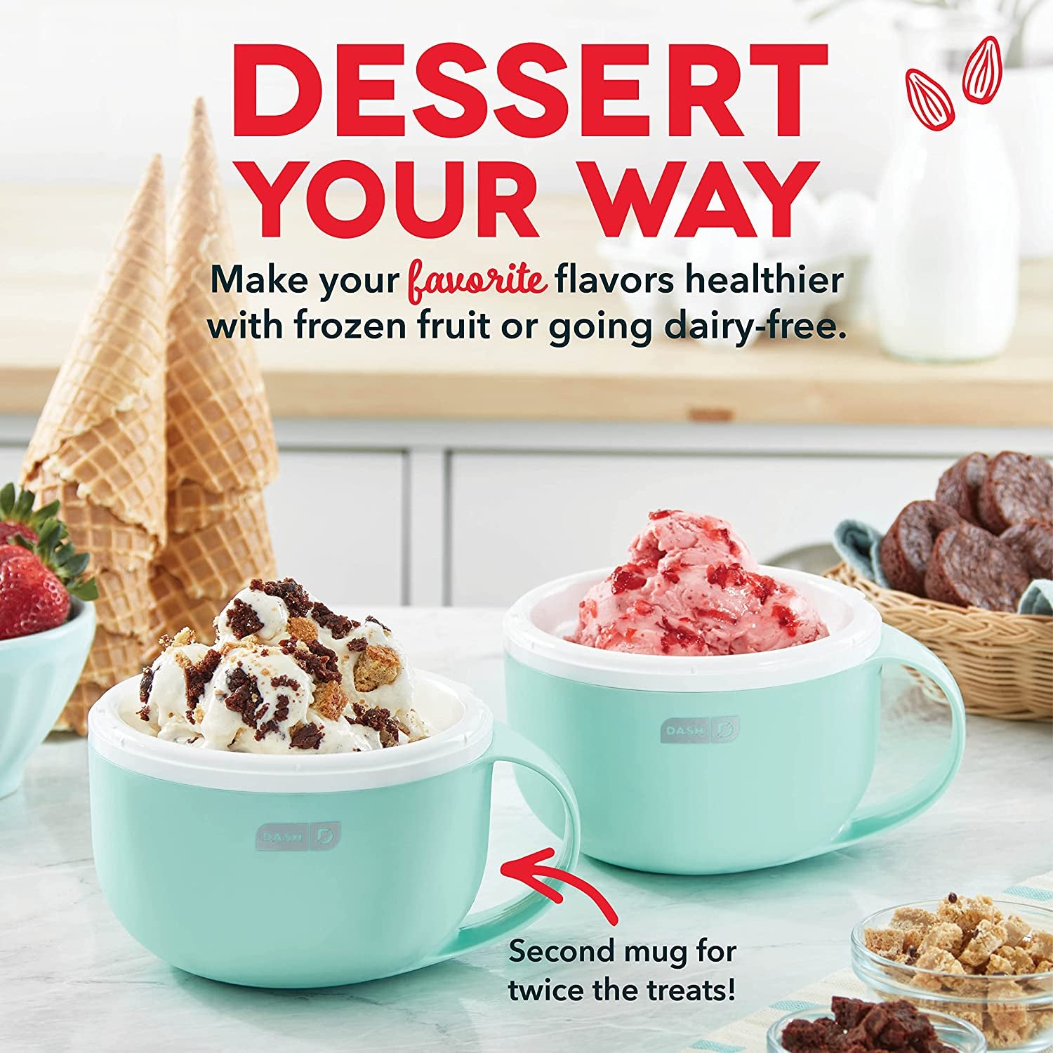 My Mug Ice Cream Maker Machine (Aqua): Multi-Purpose Soft Serve Ice Cream Machine with (2) Bowls for Homemade Gelato, Sorbet, Frozen Yogurt, Built-In Ingredient Chute, Easy to Clean and Store