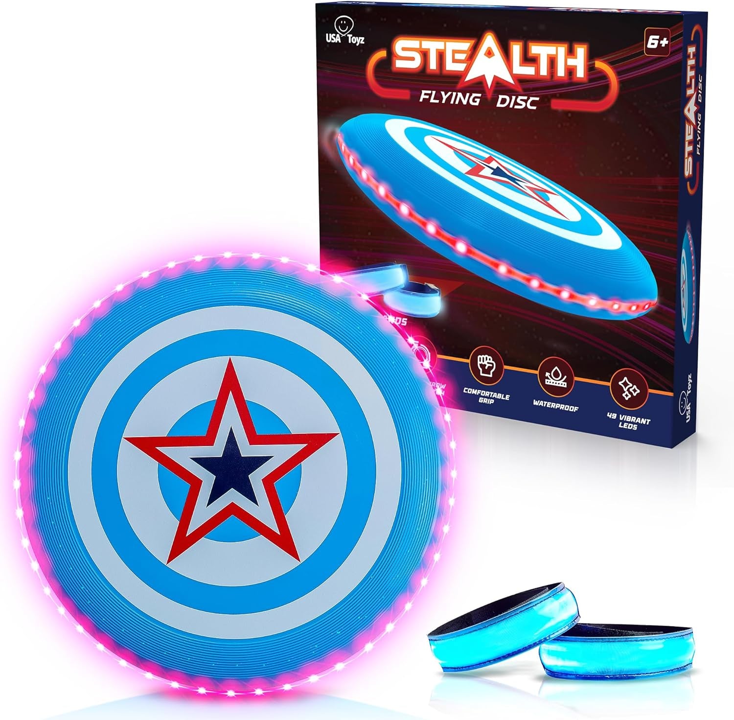 Stealth LED Flying Disc- Light up Disc for Adults and Kids, 49 Leds Glow in the Dark Disk, 2 LED Arm Bands, Sport Golf Ultimate Disc Outdoor Game Set, Waterproof Glow Hover Discs (Red/Blue)