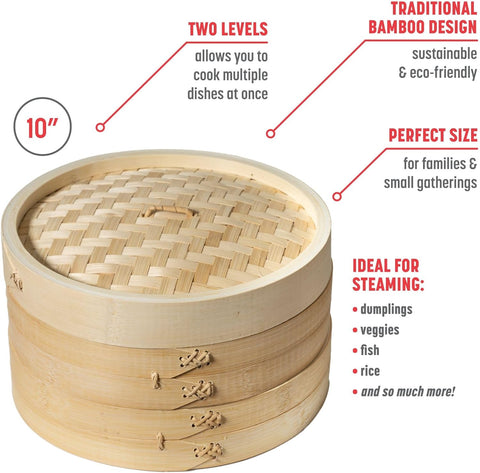 2-Tier Bamboo Steamer Baskets, 10-Inch