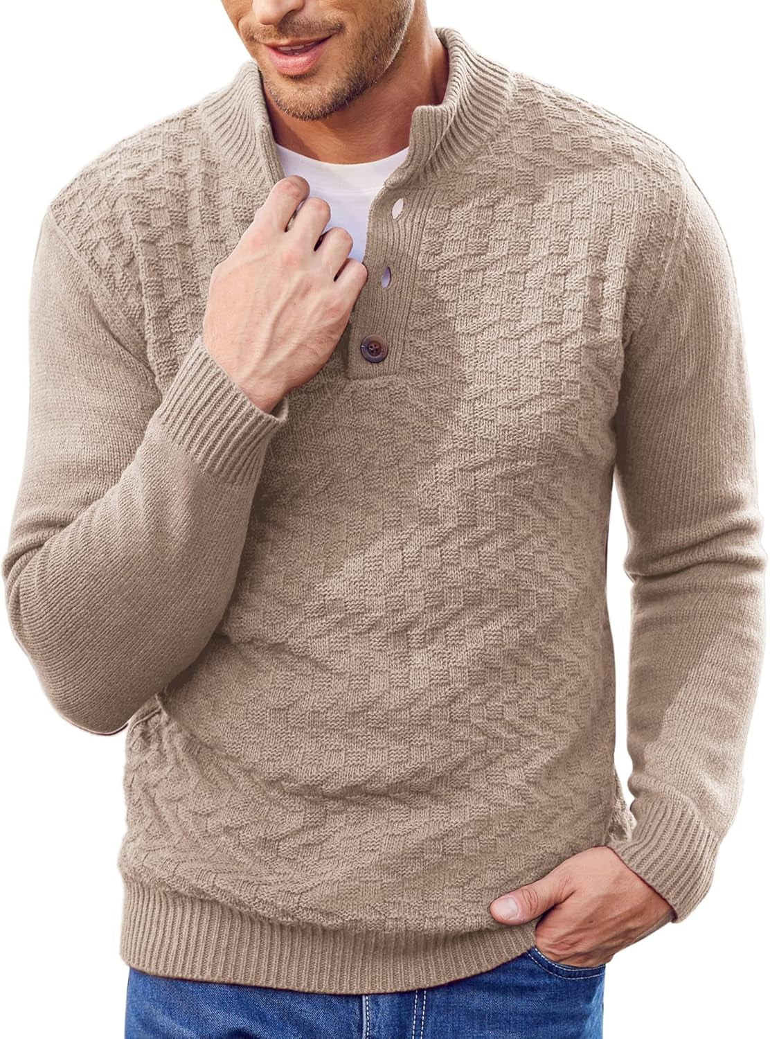 Men Mock Neck Button Sweater Casual Knitted Sweaters Fashion Henley Sweater