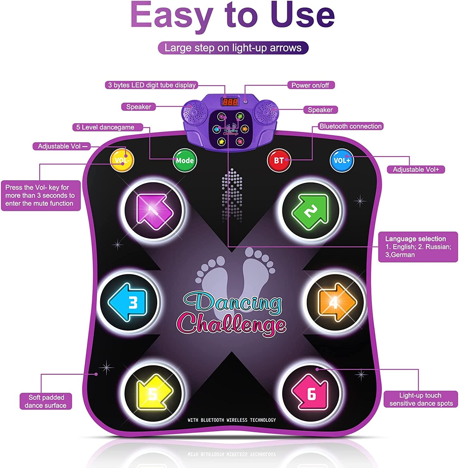 Dance Mat Toys for 3-12 Year Old Kids, Electronic Dance Pad with Light-Up 6-Button Wireless Bluetooth, Music Dance with 5 Game Modes, Birthday Toys Gifts for 3 4 5 6 7 8 9 10+ Year Old Girls