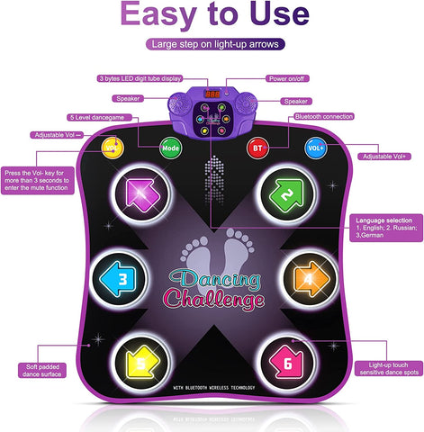 Dance Mat Toys for 3-12 Year Old Kids, Electronic Dance Pad with Light-Up 6-Button Wireless Bluetooth, Music Dance with 5 Game Modes, Birthday Toys Gifts for 3 4 5 6 7 8 9 10+ Year Old Girls