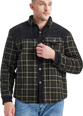 Men'S Outdoor Casual Fleece Sherpa Lined Flannel Plaid Button down Shirt Jacket