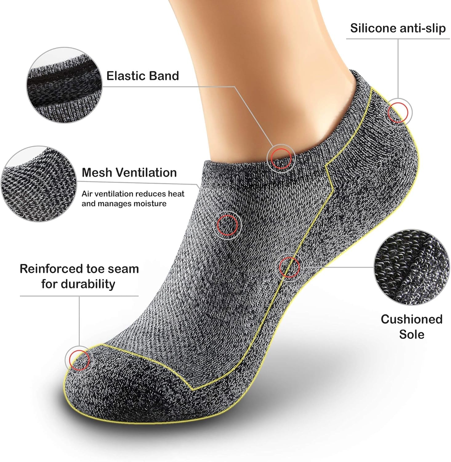 Women'S and Men'S 5 Pairs Cushion No Show Non Slip Socks, Multipack