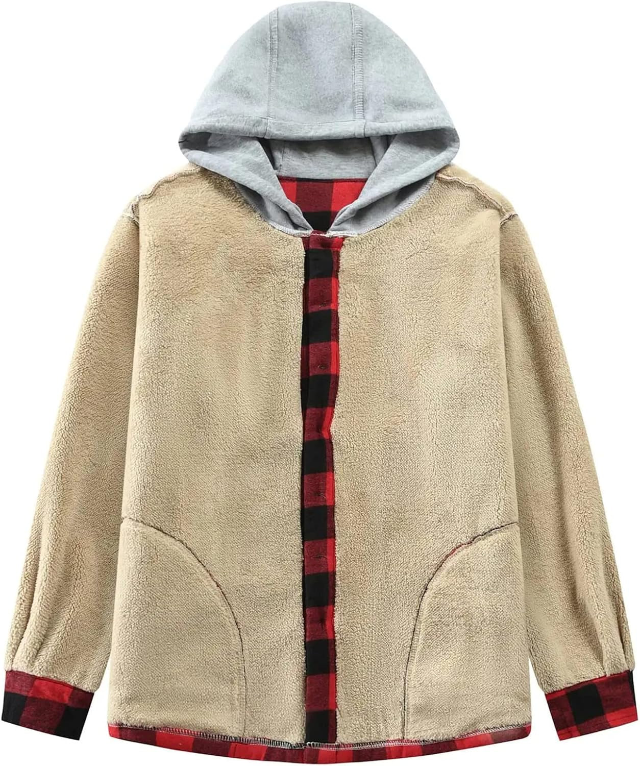 Flannel Shirt Jacket Men Fleece Hoodie Sherpa Lined Plaid Button down Fall Winter Jackets with Hood