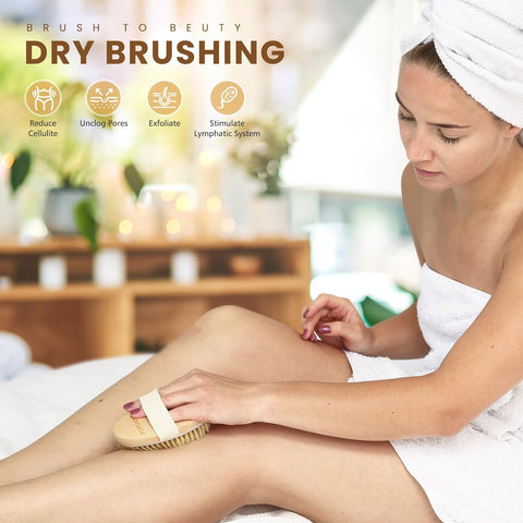 Dry Brushing Body Brush, Natural Bristle Dry Skin Exfoliating Brush Body Scrub for Flawless Skin, Cellulite Treatment, Lymphatic Drainage and Blood Circulation Improvement