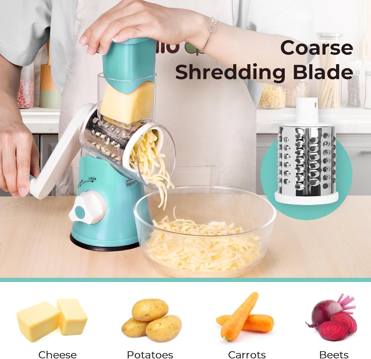 Rotary Cheese Grater, Kitchen Shredder with 3 Interchangeable Blades, Mandoline Vegetable Slicer with Strong Suction Base, Easy to Use and Clean, Blue