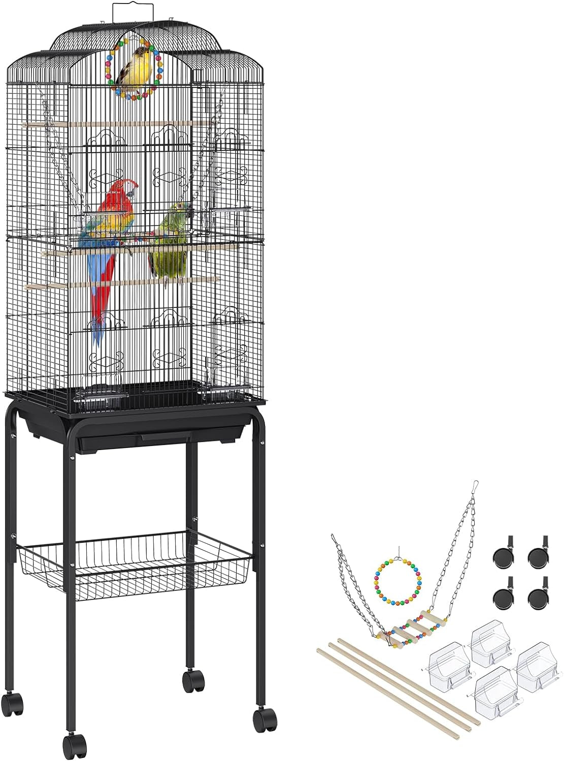 60 Inch Flight Bird Cage, Metal Large Parakeet Cages for Cockatiels Parrot Budgies Lovebirds Canaries, Pet Big Bird Cage with Rolling Stand and Hanging Toys