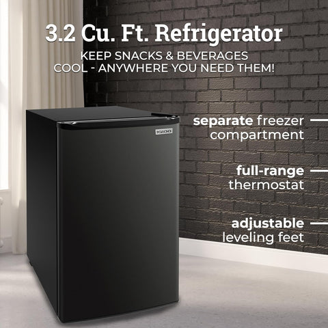 3.2 Cu.Ft. Single Door Compact Refrigerator with Freezer - Slide Out Glass Shelf, Perfect for Homes, Offices, Dorms - Black