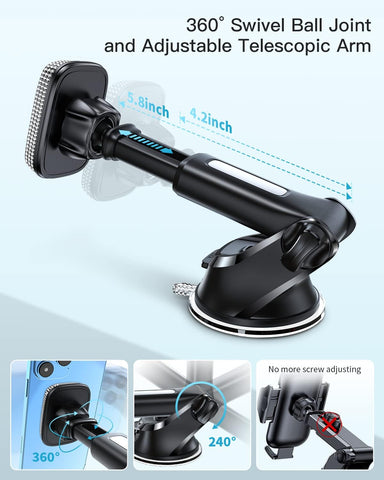 Magnetic Phone Holder for Car, Bling Dashboard/Windshield Sturdy Suction Cup Phone Holder, Crystal Magnetic Phone Mount[6 Strong Magnets & Adjustable Telescopic Arm] for All Smartphones