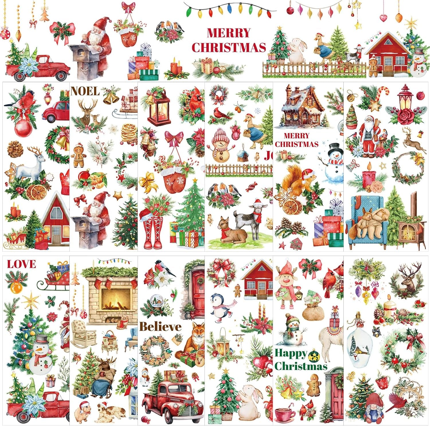 12 Sheets 11.9 X 5.9 Inch Sheets Christmas Rub on Transfers for Crafts and Furniture Xmas Santa Snowman Reindeer Transfer Stickers Rub on Decals for DIY Craft Home (Vintage Classic)