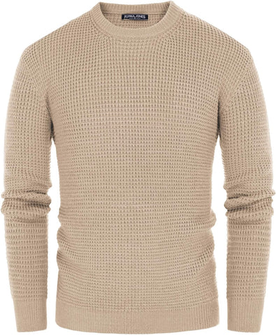 Mens Crewneck Pullover Sweater Waffle Textured Long Sleeve Knitted Sweaters