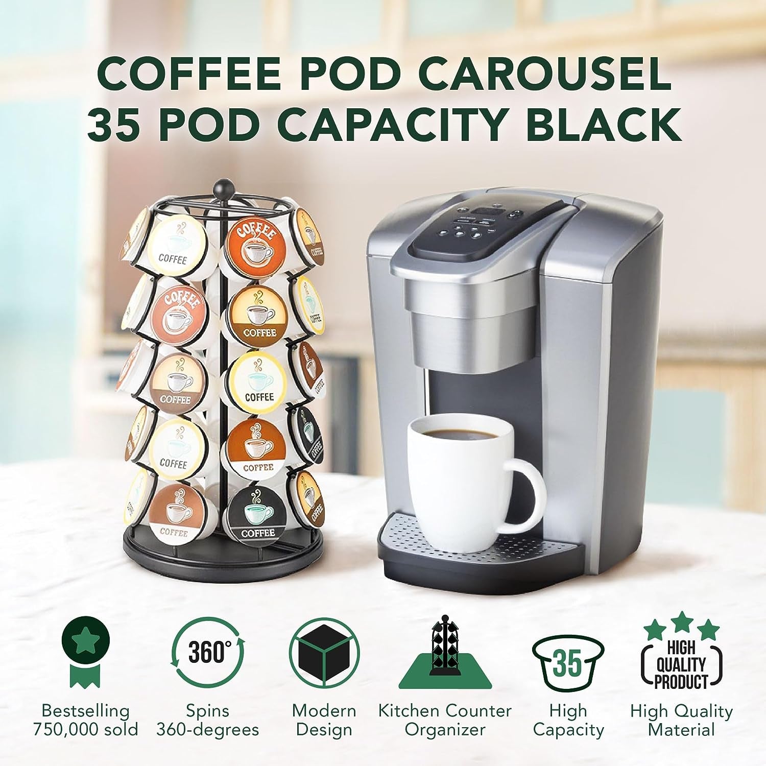 K Cup Holder – Compatible with K-Cups, Coffee Pod Carousel | 35 K Cup Holder, Spins 360-Degrees, Lazy Susan Platform, Modern Black Design, Home or Office Kitchen Counter Organizer