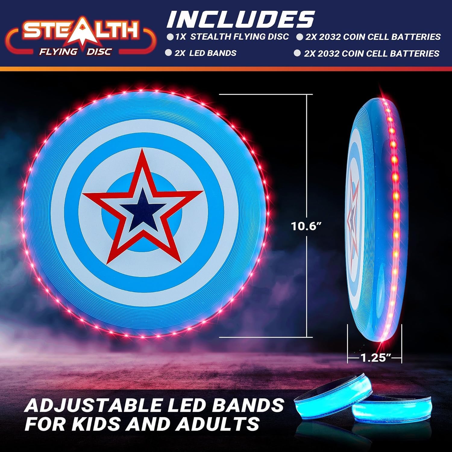 Stealth LED Flying Disc- Light up Disc for Adults and Kids, 49 Leds Glow in the Dark Disk, 2 LED Arm Bands, Sport Golf Ultimate Disc Outdoor Game Set, Waterproof Glow Hover Discs (Red/Blue)