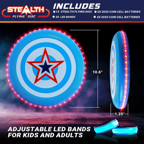 Stealth LED Flying Disc- Light up Disc for Adults and Kids, 49 Leds Glow in the Dark Disk, 2 LED Arm Bands, Sport Golf Ultimate Disc Outdoor Game Set, Waterproof Glow Hover Discs (Red/Blue)