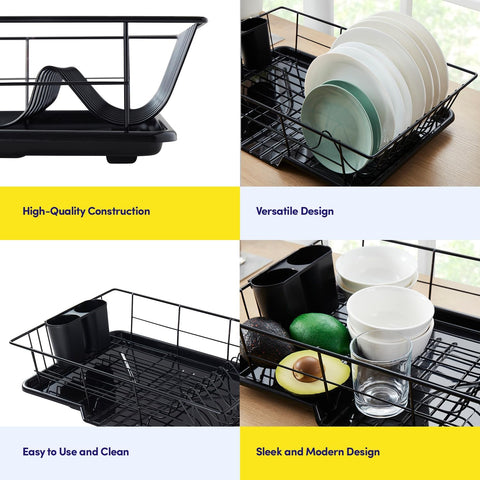 Space-Saving 3-Piece Dish Drainer Rack Set with Cutlery Holder - Maximize Countertop Space, Black