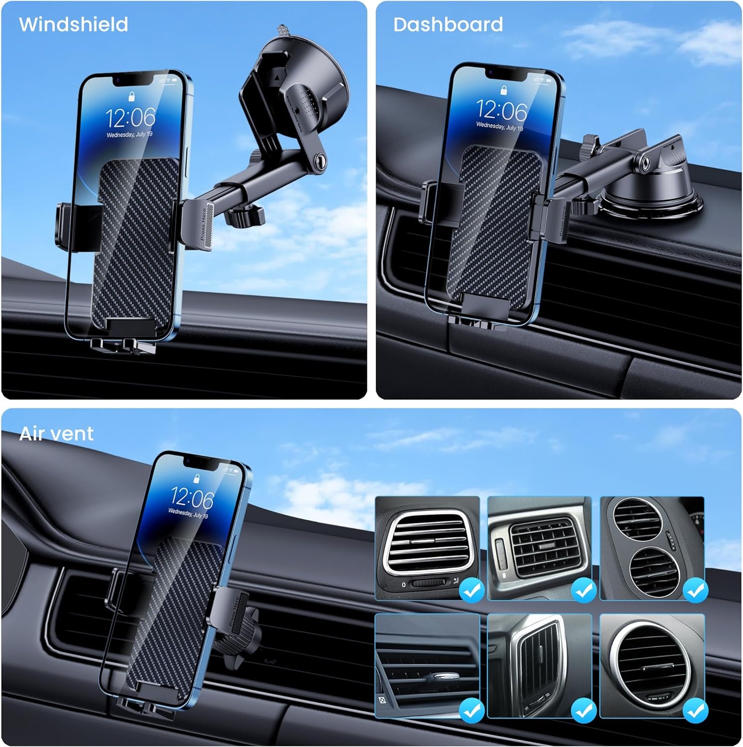 Phone Holders for Your Car 3-In-1 Universal Car Phone Holder Windshield Dashboard Air Vent Cell Phone Car Mount Hands Free Car Phone Mount Fit for Iphone Android Smartphones