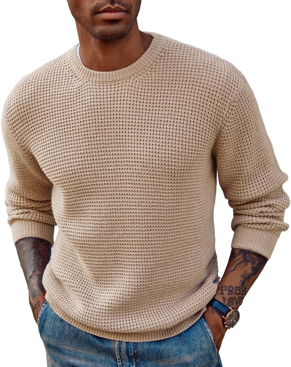 Mens Crewneck Pullover Sweater Waffle Textured Long Sleeve Knitted Sweaters