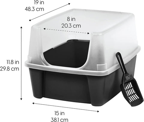 USA Large Cat Litter Box with Scatter Shield and Scoop, Open Top High Sided Cat Litter Pan, Black