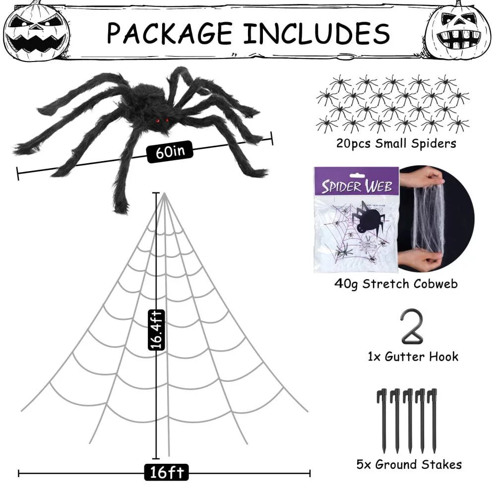 Halloween Spider Decorations Set 5Ft Giant Spider 16.4Ft Spider Webs 20 Small Spiders Cotton Wool Yard Home Party Haunted Decor