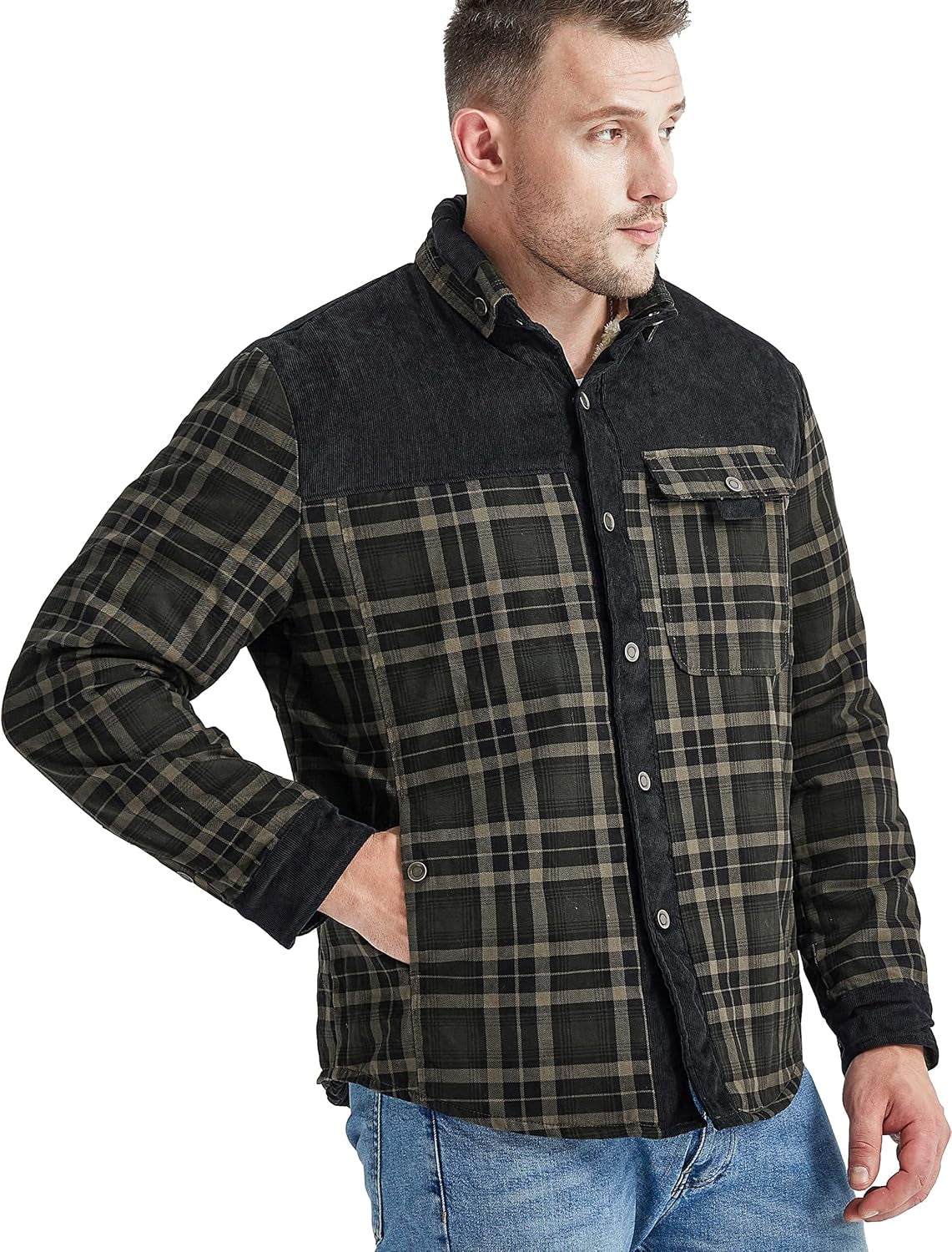 Men'S Outdoor Casual Fleece Sherpa Lined Flannel Plaid Button down Shirt Jacket