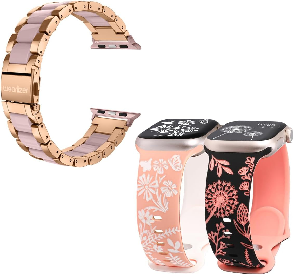 Compatible with Apple Watch Bands 41Mm 40Mm 38Mm 49Mm 45Mm 44Mm 42Mm Women, Stainless Steel Resin+Floral Engraved Iwatch Band(Black/Peach Pink + Pink/White,Dark Rose Gold+Pink)