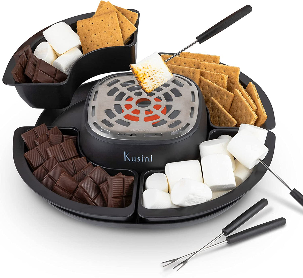 Smores Maker Tabletop Indoor - Flameless Electric Marshmallow Roaster – 4 Detachable Trays & 4 Roasting Forks – Gift Set & Date Night Idea. Movie Night Supplies & Housewarming Gift